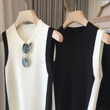 Yipinpay Silk Black White Contrast Sleeveless Knitted Tank Top Wild V Neck Vest Tops & Tees Women's Clothing Casual Camis Vest