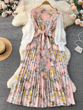 Yipinpay Ethnic Style Print Dress Women Spring New Fashion Puff Sleeve Lace-up Design Sheath 2024 Retro A-Line Long Dress