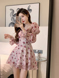 Yipinpay Summer Sweet Elegant Short Party Dress Korean Fashion Floral Mini Dress Beach Long Sleeve Casual Vintage Dress Woman Chic