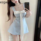 Yipinpay Elegant Mini Dresses Women Bowknot Sleeveless Square Collar Backless Slim Sexy Sweet Party Dress Female Fashion