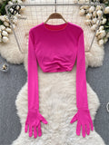 Yipinpay American Hotsweet Streetwear Y2K Tops Cropped O Neck Long sleeved Connecting Gloves Design Fashion Sexy Slim Blouse