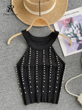 Yipinpay Hotsweet Pearls Women Tops Strapless Backless Slim Fit Senior 2024 Korean Style Fashion Streetwear Mini Knitted Tank