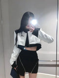 Yipinpay Women Suits Sexy Crop Leather Jacket Black Hollow Shirt High Waist Skirt 3 Piece Zip Skirt Party Girl Elegant Y2k Female Suits