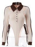 yipinpay Long Sleeve Top Women Hollow Out Body Bodycon Basic Overalls Women Clothes Button Up Streetwear Patchwork Bodysuits