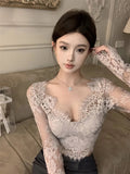 Yipinpay Hot Girl Lace Slim Fit T-shirt for Women's Autumn and Winter Pure Sexy V-neck Long-sleeved Top Fashion Female Clothes