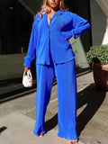 Yipinpay Women Street Pleated Tracksuit Two Piece Sets Solid Long Sleeve Blouse And Wide Leg Pants Sets 2023 Summer Casual Female Outfits