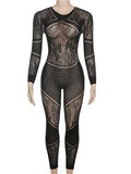 Yipinpay Simenual Sexy Knitting Jacquard Woman Jumpsuits Fashion Hollow Out Elastic Long Sleeve Skinny Overalls Hot See Through Clubwear