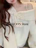 Yipinpay Winter Korean Women Knitted Sweaters Off Shoulder Pearl Long Sleeves Sweet Pullovers Female Fashion Lazy Style Knitwear