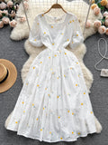 Yipinpay Fashion Sweet Long Sundress Women Square Collar Short Puff Sleeves Embroidery Floral Ruched Zipper Beach Style Dress
