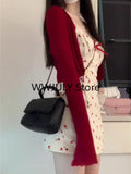 Yipinpay 2 Piece Dress Set Woman Red Long Sleeve Cardigan + Strap Floral Y2k Mini Dress Party Korean Fashion Suit 2024 Autumn Chic