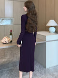 Yipinpay Woman Dress Autumn Winter Vintage Notched Elegant Split Long Sleeve Slim French Style Chic Basic Office Lady Dresses