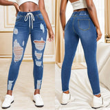Yipinpay Autumn New Women's Elastic Waist Ripped Jeans Fashion Skinny High Stretch Denim Pencil Pants Casual Slim Ladies Jeans S-2XL