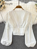 Yipinpay Sexy V-neck Blusas for Women Lace Patchwork Puff Sleeve Crop Tops Female Elastic Waist Casual Korean Blouses Shirts
