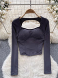 Yipinpay Women Sporty Tops Square Collar Long Sleeve Backless Kink With Chest Pad Slim Fit American Streetwear Sexy Mini Blouse