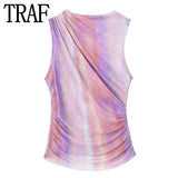 Yipinpay Print Mesh Top Women Tulle Summer Blouses Woman 2023 Ruched Sleeveless Top Female Turtleneck Stylish Women's Blouse