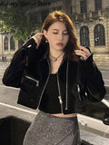 Yipinpay Cropped Leather Jacket Women Streetwear Moto Biker Zipper Leather Jacket Punk Winter Irregular Faux Fur Aviator Coat New