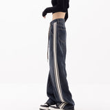 yipinpay Vintage Blue Stripe Jeans Fashion Baggy High Waist Straight Pants Street Casual Wide Leg Mopping Denim Trouser Ladies