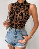 Yipinpay New Sexy Bodysuit Women Tribal Pattern Flocked Sleeveless Tops Bodysuit Vintage Casual Mock Neck Skinny Female Slim Rompers