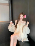 Yipinpay Dresses Women Bowknot Slash Neck Off Shoulder Lantern Sleeve Ruffles Mesh Loose Backless Sweet Elegant Mini Dress Fairy