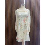 Yipinpay Elegant Floral Midi Dress Chiffon Long Sleeve Evening Party Dress Woman Beach Fairy One Piece Dress Korean 2024 Summer