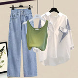 Yipinpay Spring/Summer New Matching Set Women's Casual Stripe Sunscreen Shirt+Vest+Jeans Three Piece Korean Elegant Denim Pants Set
