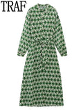 Yipinpay Green Shirt Dress Woman Geometric Print Long Dresses For Women 2023 Belt Long Sleeve Midi Dresses Woman Elegant Dress