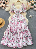 Yipinpay Beach Vacation Floral Print Dress Women Backless Lace Up Cross Bandage Ruched Korean Hotsweet Fashion Party Long Dress