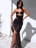 Yipinpay Strapless Cut Out Ruffles Midi Dress Women Sleeveless Off Shoulder High Split Party Vestidos 2023 Spring Fall Elegant Robe