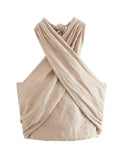 Yipinpay New Fashion Women Sexy Backless Linen Halter Top Summer Crop Top