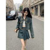 yipinpay Women Blue Denim Jacket Outwear Single-breasted POLO Collar Fashion Vintage Leisure Short Coat Tops Irregular Short Skirt Suit