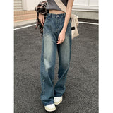 yipinpay Women's Straight Jeans High Waist American Style Streetwear Vintage Pants Chic Design Casual Ladies Denim Wide Leg Trouser