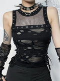 Yipinpay Cyber Y2k Hole Vest Women Streetwear Harajuku Vintage Gothic Sexy O-neck Mesh Patchwork See Through Crop Tank Tops Femme
