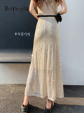 yipinpay Y2K Sequin Sexy Club Midi Skirts Women Elegant Slim Fit Ladies Elastic Waist Mermaid Skirt Street Korean Long Faldas