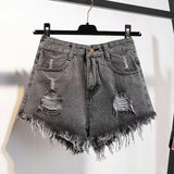 Yipinpay Size Denim With Ruffled Shorts Women's Summer High Waisted Loose Hole Wide Leg Student A-line Hot Pants Basic Short Jeans