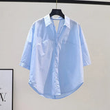 Yipinpay Mujer De Moda Cotton Crop Top Loose Pleated Short Sleeve Blue Shirt Wild White Blouse Women Camisas Summer Shirts