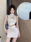 Yipinpay Women Two-piece Set French Pure Desire Sweet Spicy Hollow Sleeveless Backless Short Top Female Hollow Wrap Hip Slim Skirts