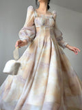 Yipinpay One Piece Dress Korean Fashion Beach 2023 Summer Casual French Elegant Midi Dress Woman Long Sleeve Vintage Floral Dress