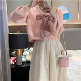 Yipinpay Elegant Cardigan Women Bow Bandage V Neck Autumn Single Breasted Sweet Cropped Sweater Outwear Loose Ladies