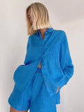 Yipinpay Cotton Linen Women Summer Set Of Top With Shorts Blue 2 Piece Set Female Casual Shorts Suits Pocket Shirt Outfit