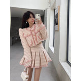 Yipinpay Fragrance Blue Tweed Coat Elegant Pink Tassel Jacket Short Pleated Skirts Woolen 2 Piece Sets Crop Blazers Tops Autumn