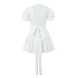 Yipinpay Summer Women Vintage Puff Sleeve Lapel Collar White Mini Dress Tie Bow Sashes Pleated Hem Female Cotton Robe