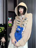 Yipinpay Women's Y2K Goth Cutout Zip-up Sweatshirt Grunge Long Sleeve Punk Harajuku Unisex Hooded Skeleton Hollow Pullovers