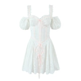 Yipinpay 3 Ways Wear White Embroidery Dress Short Puff Sleeve Mini Birthday Party Dresses Women Lacing Up Holiday Vacation Dress