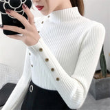 Yipinpay Women Autumn Knitted Slim Sweaters Solid Knitted Female Cotton Soft Elastic Color Pullovers Button Full Sleeve Turtleneck