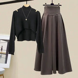 Yipinpay Spring Autumn New Korean Elegant Knit Tassel Cover Up+Half High Collar Bottom Sweater+Midi Skirt 3 Piece Women Dress Suit