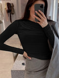 yipinpay Sleeve Top White T-Shirts Women Basic Crop Top Autumn Pollover Solid Skew Neck T Shirt Streetwear Basic Black Y2K Tees