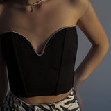 Yipinpay Shiny Rhinestone Trim Bandeau Tube Tops Fashion Women Summer Tank Tops Sleeveless Deep V-neck Strapless Wrap Tops