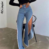 yipinpay Baggy Jeans Wide Leg Pants Side Split Out Denim Pants Women Streetwear 2000s Aesthetic Summer Straight High Waisted Trousers