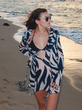 Yipinpay MO Chiffon Sheer Bandage V-Neck Longsleeve Mini Dress For Women Sexy Zebra Print Slim See Through Beach Holiday Dresses