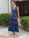 Yipinpay Patchwork Tassel Layered Maxi Dress Women Elegant V-neck Sleeveless Summer Beach Dresses Lady A-line Holiday Party Robe
